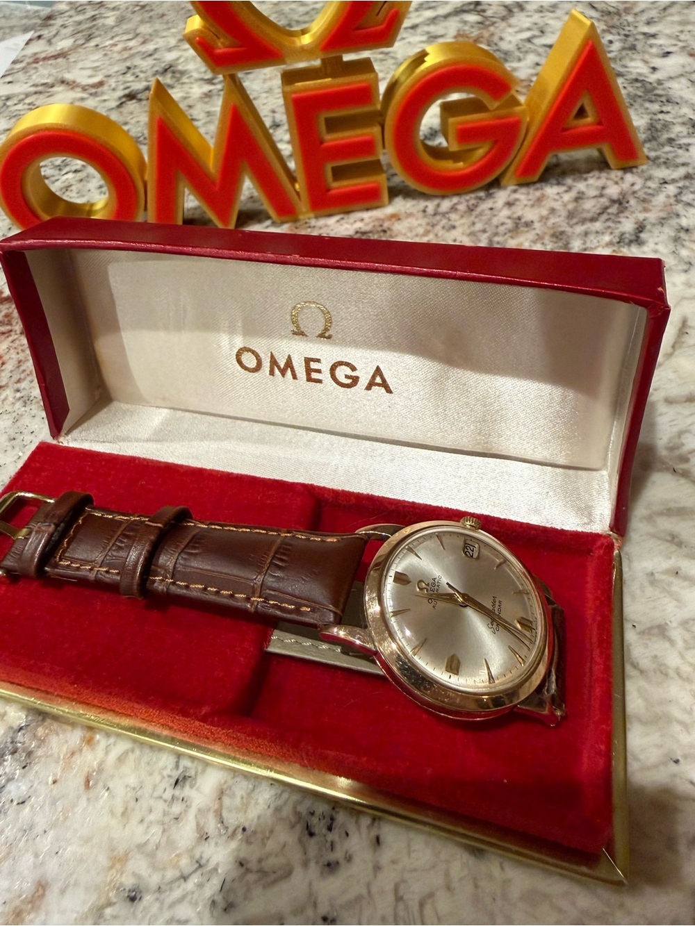 Omega Men's Classic Brown Leather Wristwatch - Gold Case